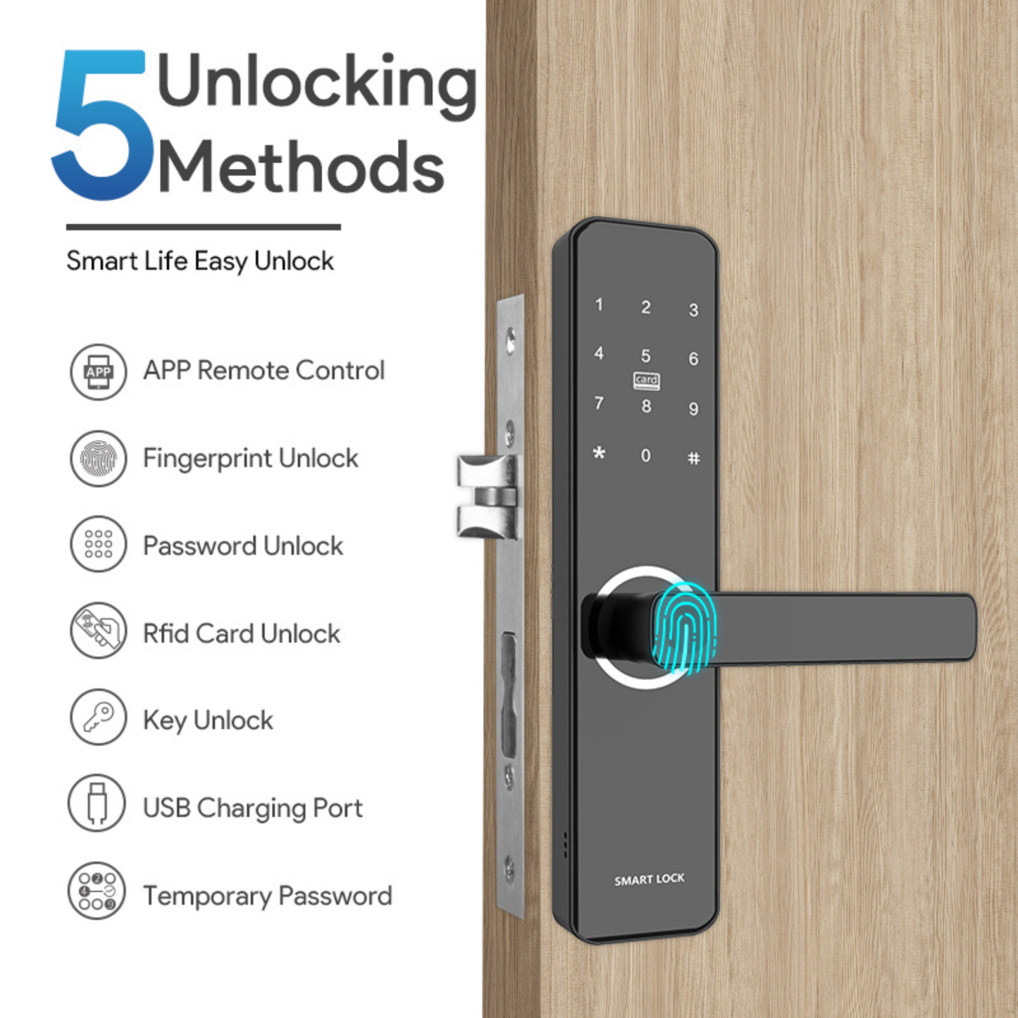 Keyless Smart Fingerprint Door Lock unlocking instantly with biometric fingerprint sensor on a residential entrance door.