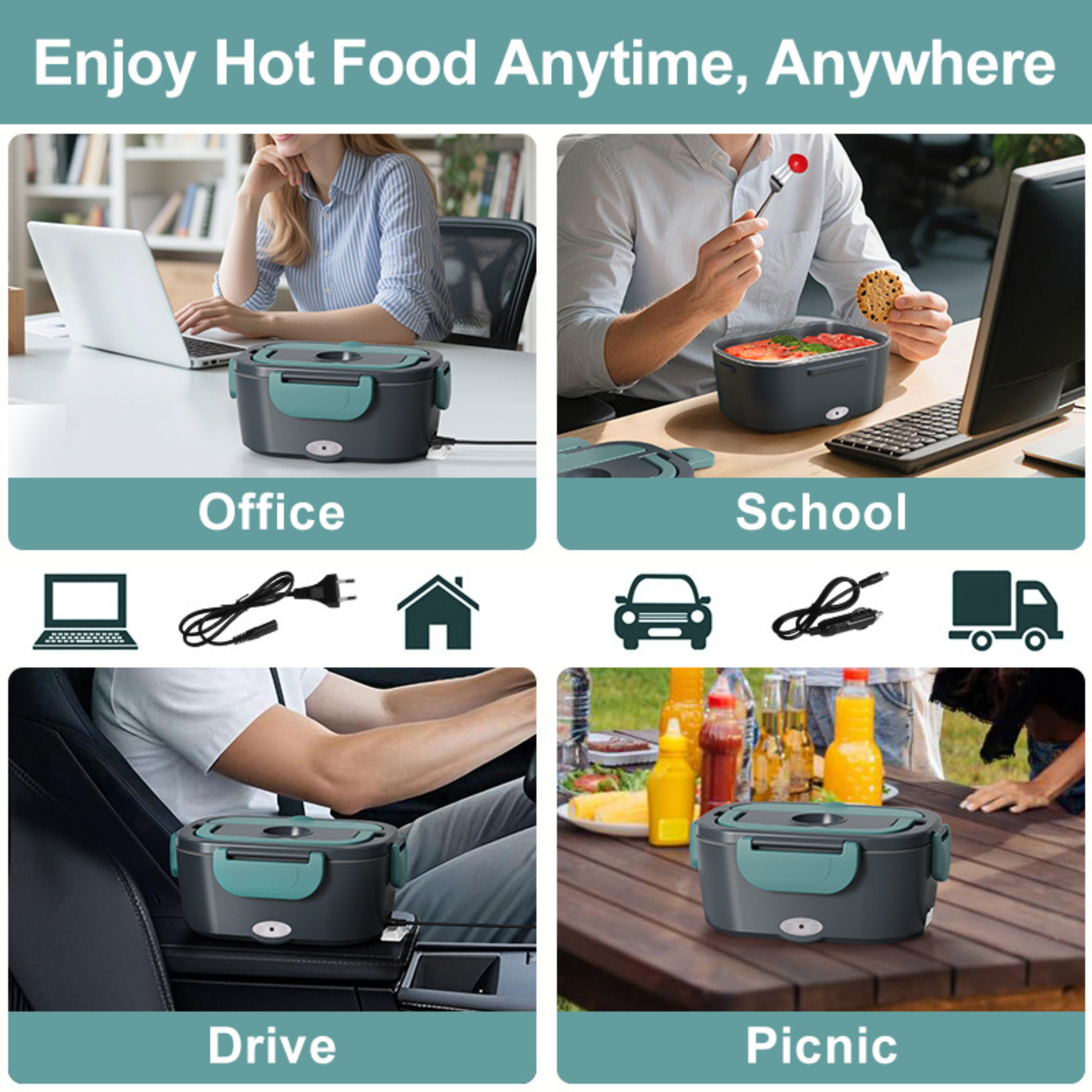 Leakproof Electric Lunch Box with secure snap buckles and silicone sealing ring preventing spills while traveling.