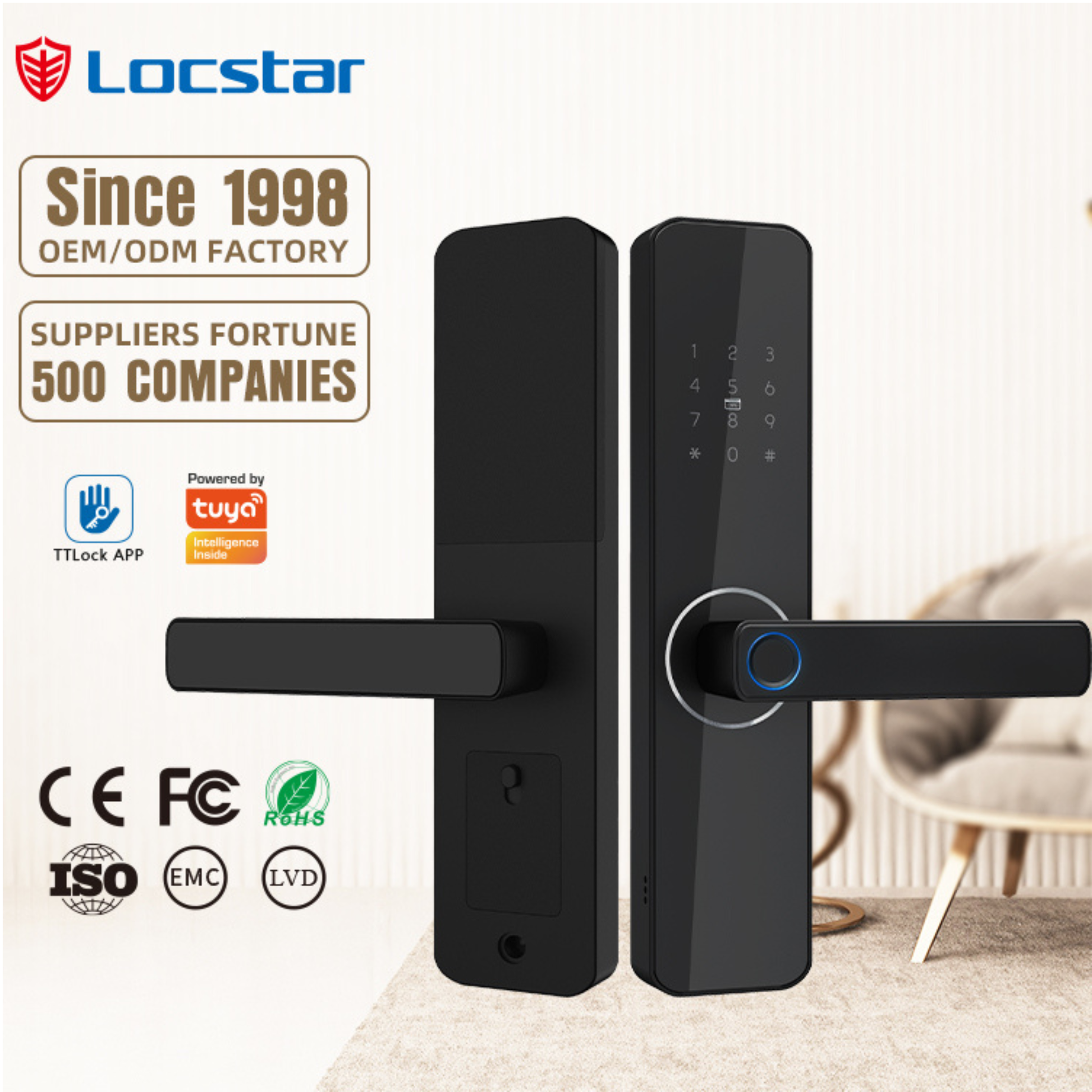 Locstar LS-C13 Smart Fingerprint Door Lock installed on a modern wooden front door with biometric fingerprint access and Grade C security.