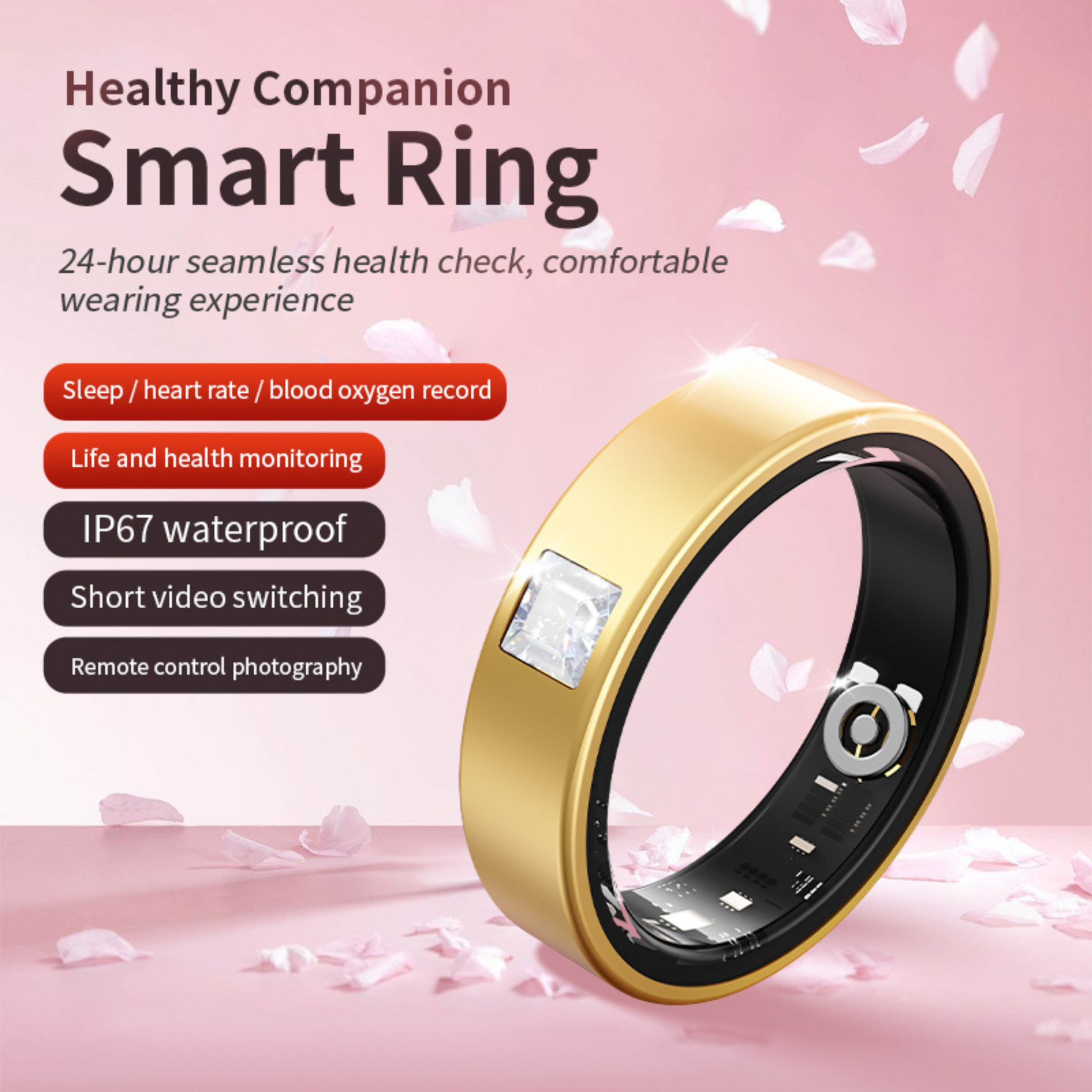 Blood Oxygen Smart Ring using advanced sensors to provide wellness monitoring data through smartphone app
