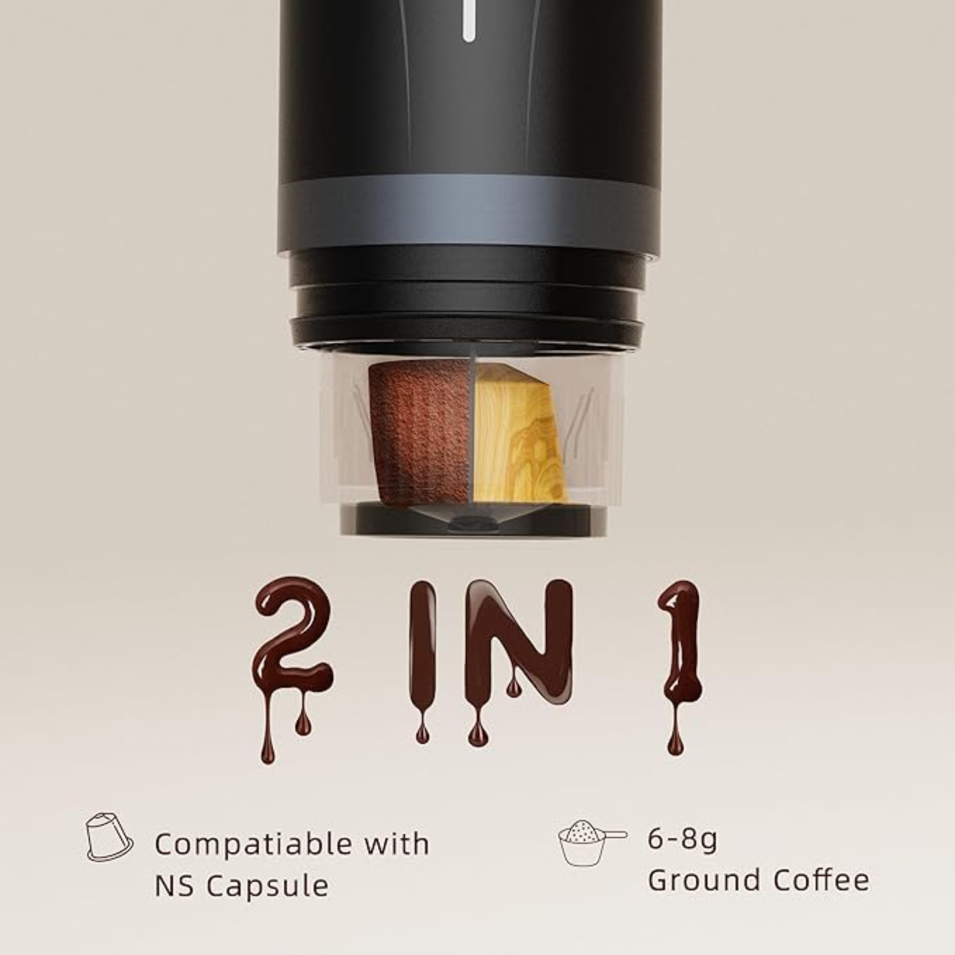 Electric Camping Coffee Machine making creamy espresso outdoors with USB Type-C charging and premium aluminum body.