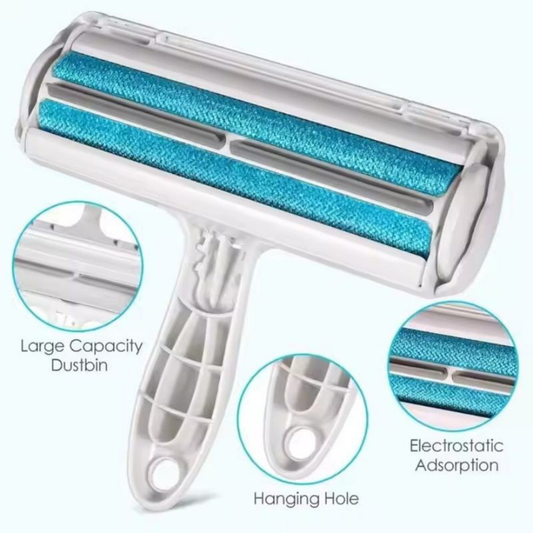 Pet Hair Remover Roller removing dog hair from a fabric sofa with a reusable self-cleaning design.