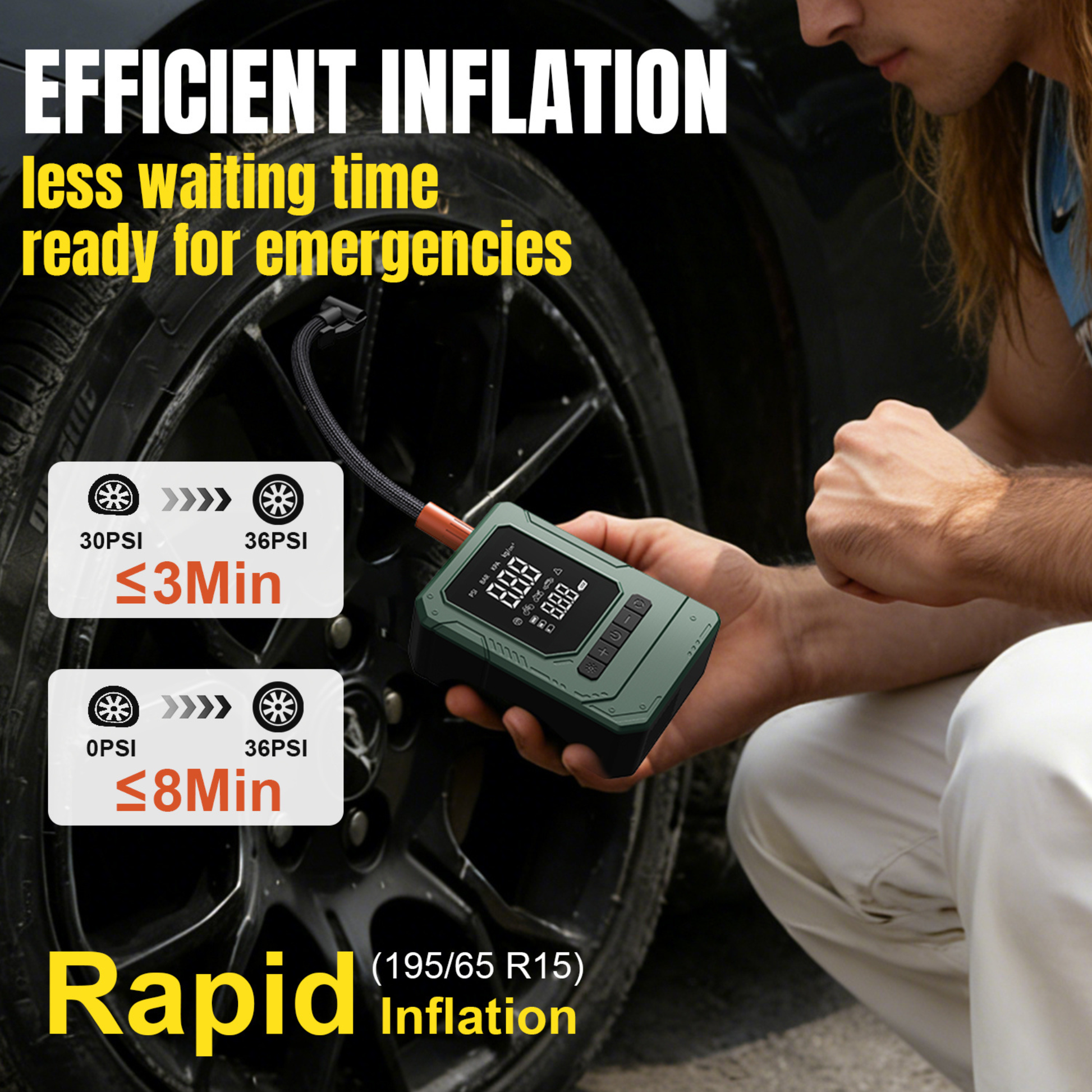WLETO WLT2509-P13-1 portable air compressor for car tires with LED pressure display and emergency light.