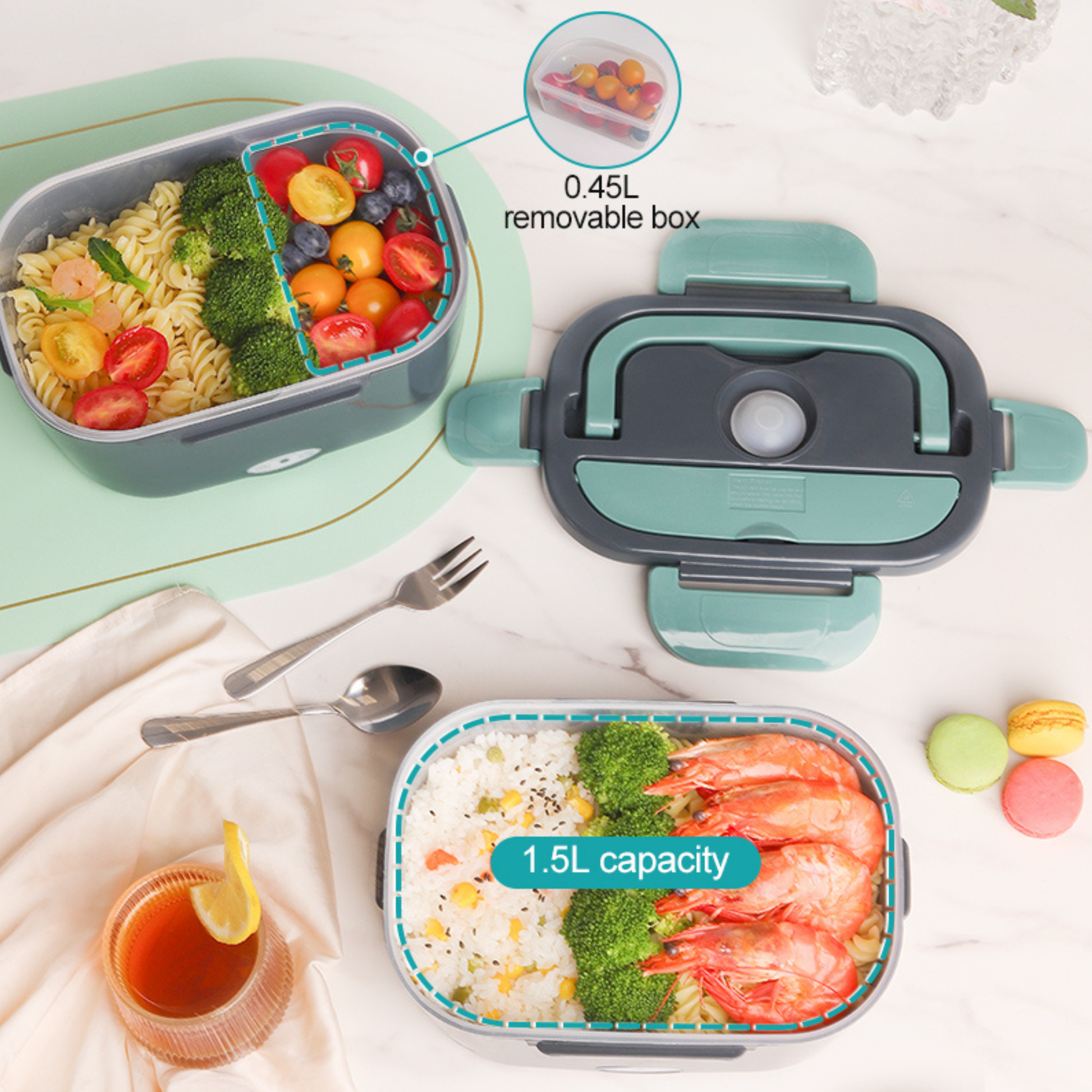 Portable Electric Lunch Box 1.5L with 304 stainless steel container designed for keeping homemade meals warm at office, travel, and outdoor activities.