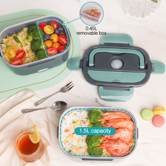 Portable Electric Lunch Box 1.5L with 304 stainless steel container designed for keeping homemade meals warm at office, travel, and outdoor activities.