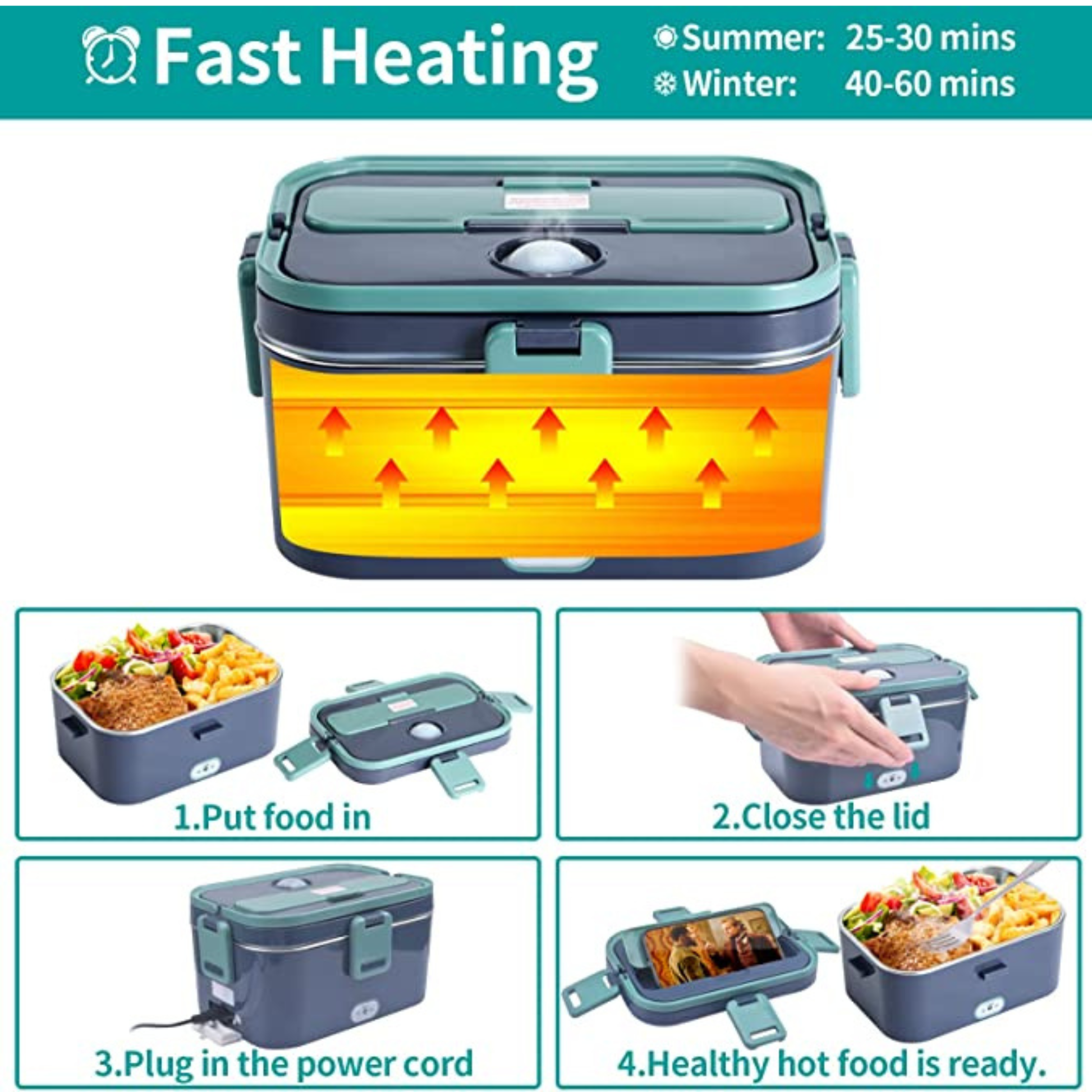Portable Electric Lunch Box with stainless steel container heating fresh meals for office workers and travelers.