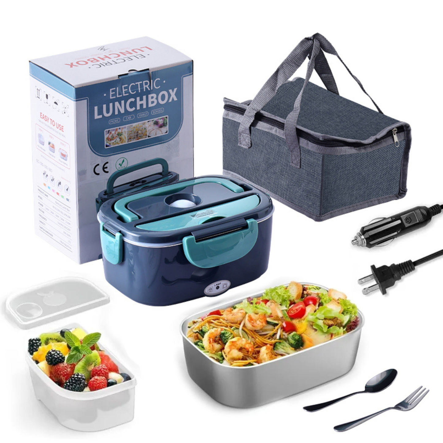 Portable electric food warmer lunch box with stainless steel container and leak proof design