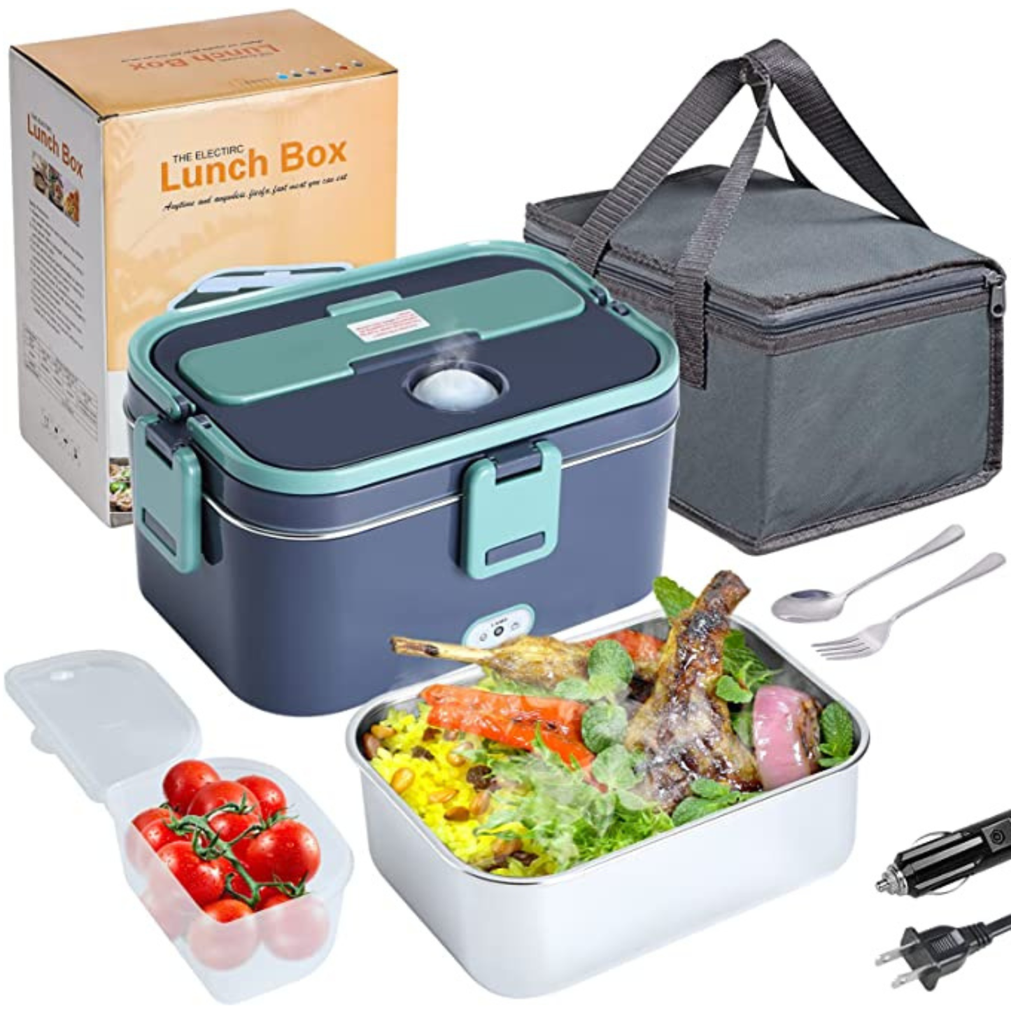 Electric Lunch Box Heater warming lunch in a modern office environment without microwave use.