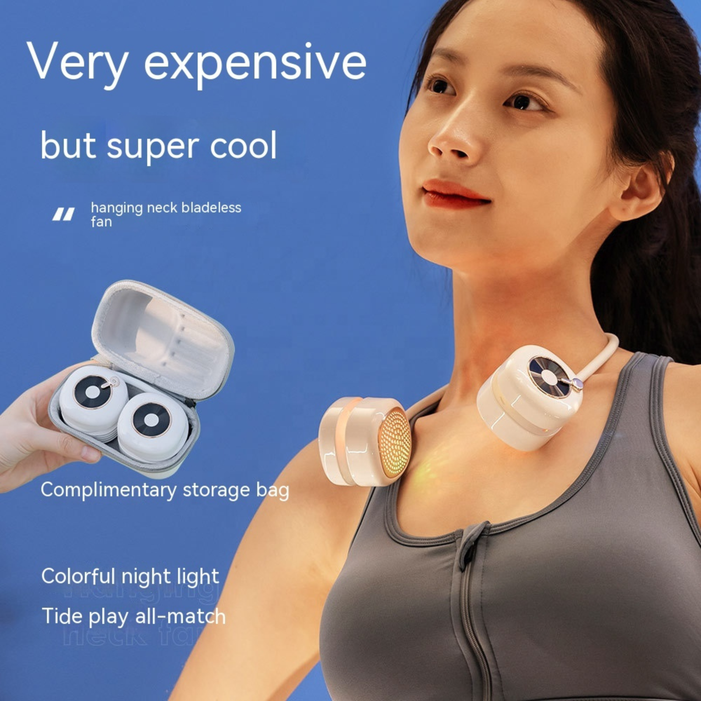 Close-up of the Premium Wearable Neck Fan featuring flexible foldable design.