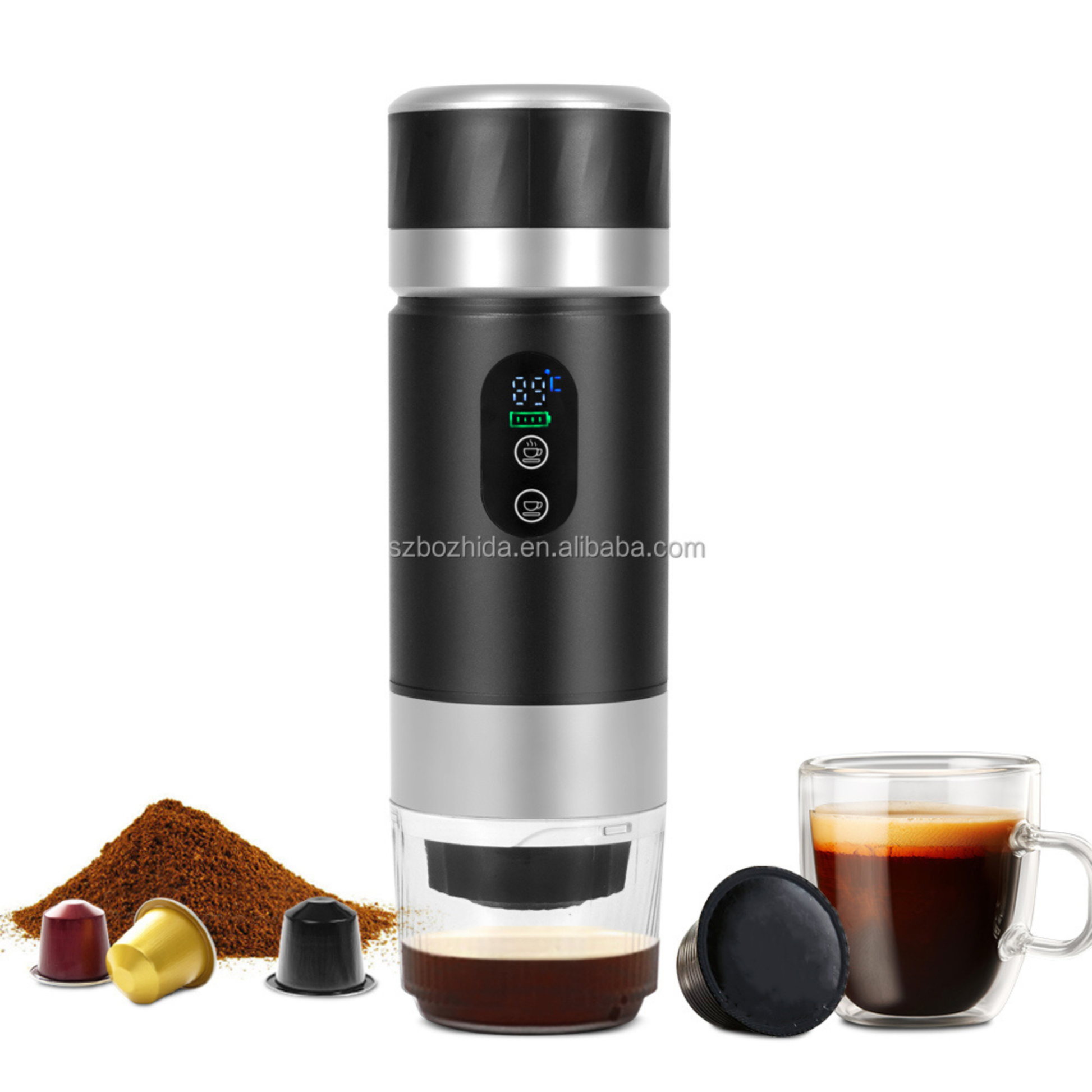 Portable espresso machine JN-03 with self-heating technology and rechargeable battery designed for fresh coffee preparation anywhere.