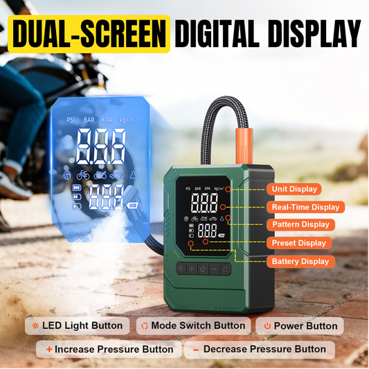 Portable tire inflator air compressor with 150 PSI pressure capacity and digital LED display for car tire maintenance.
