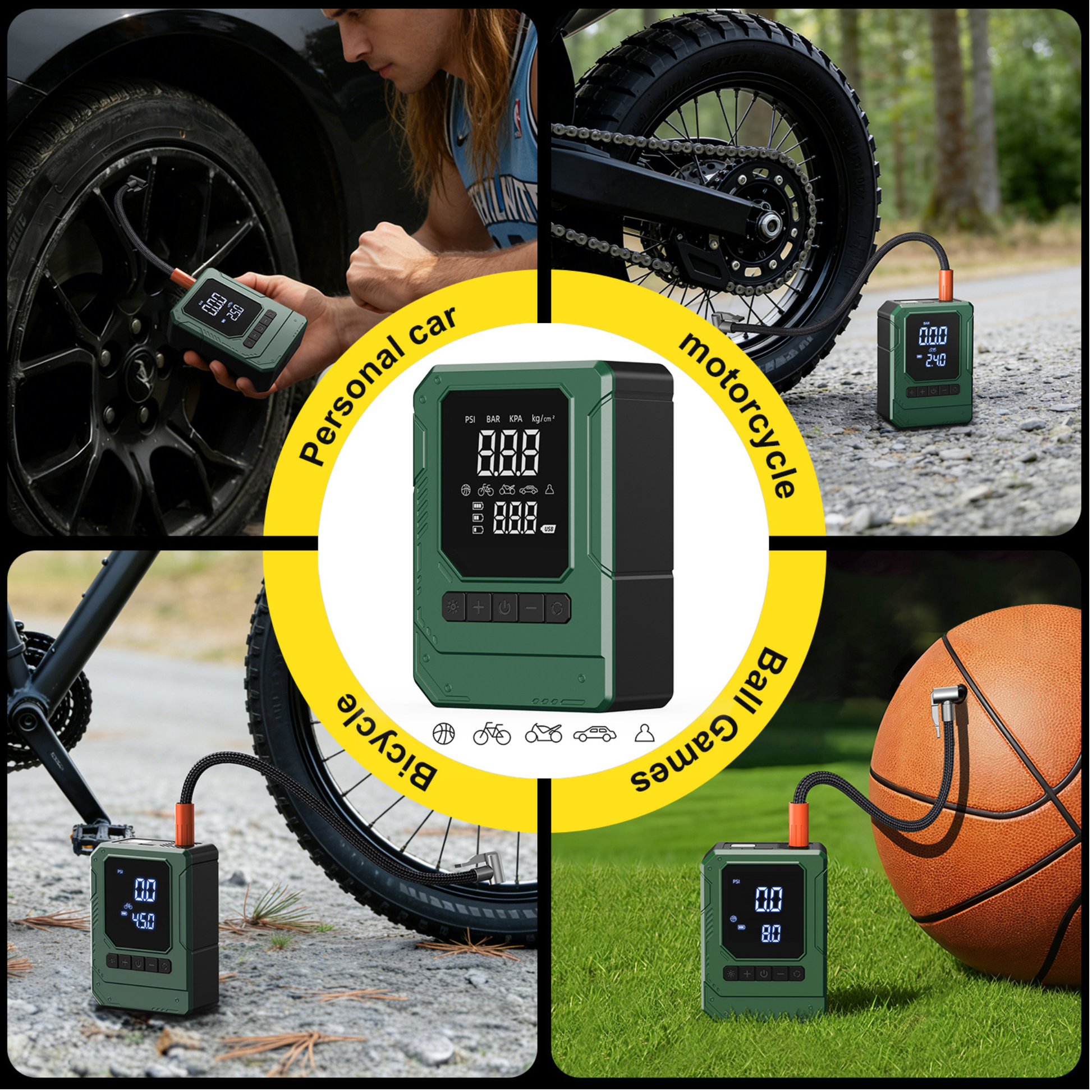 150 PSI tire inflator air compressor with wireless operation and automatic inflation control system.