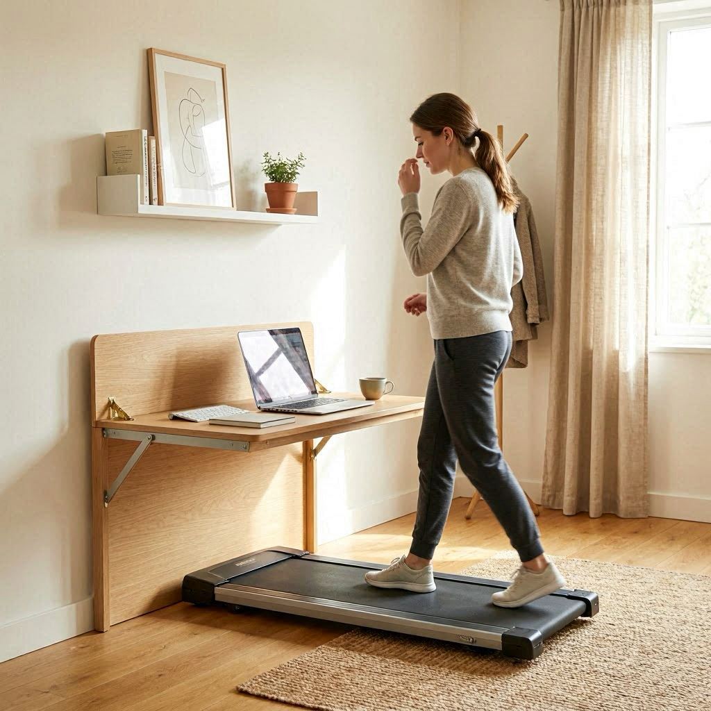 Portable walking treadmill for home use with compact space-saving design.