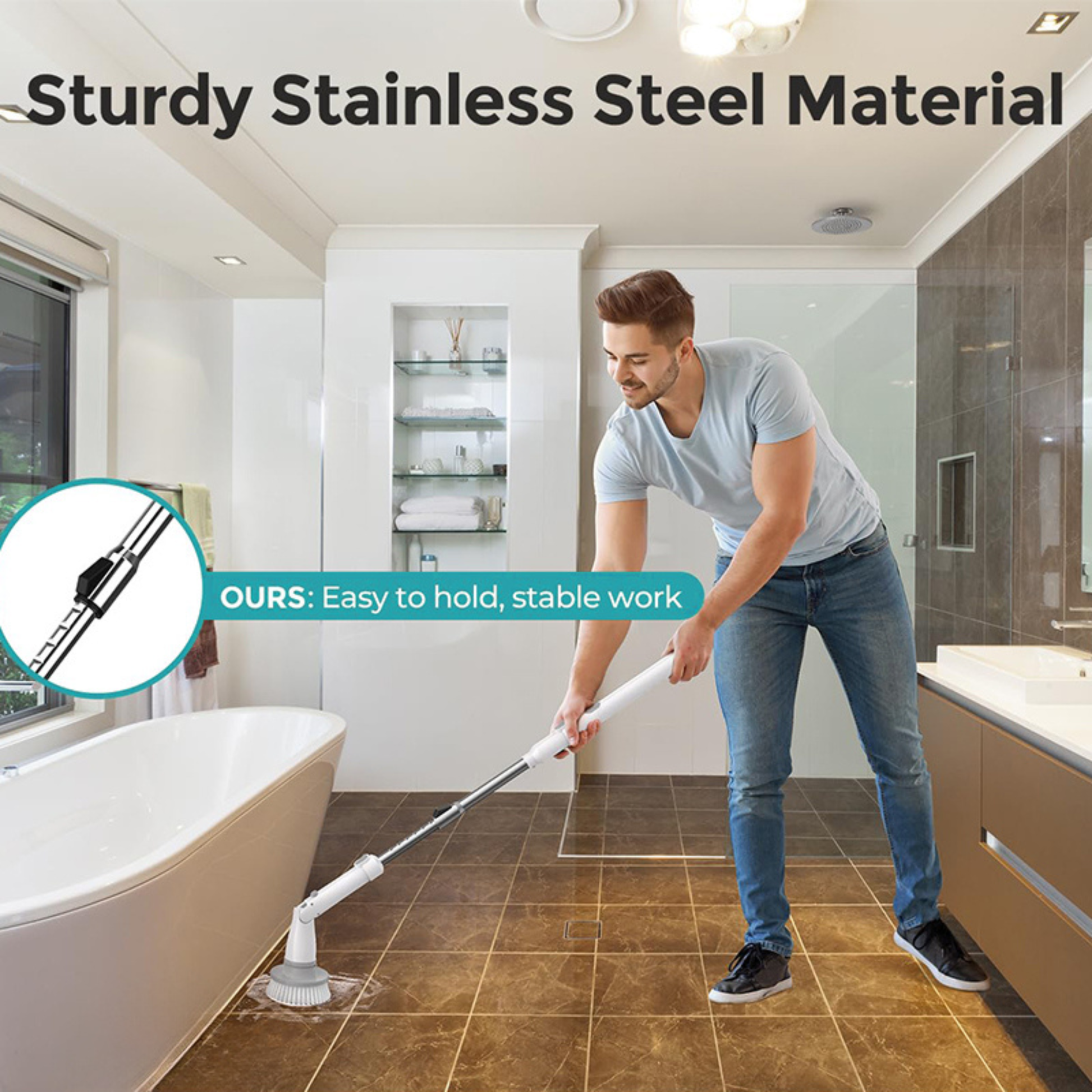 The Premium Electric Spin Scrubber for Bathroom effortlessly scrubbing ceramic floor tiles and removing built-up dirt.