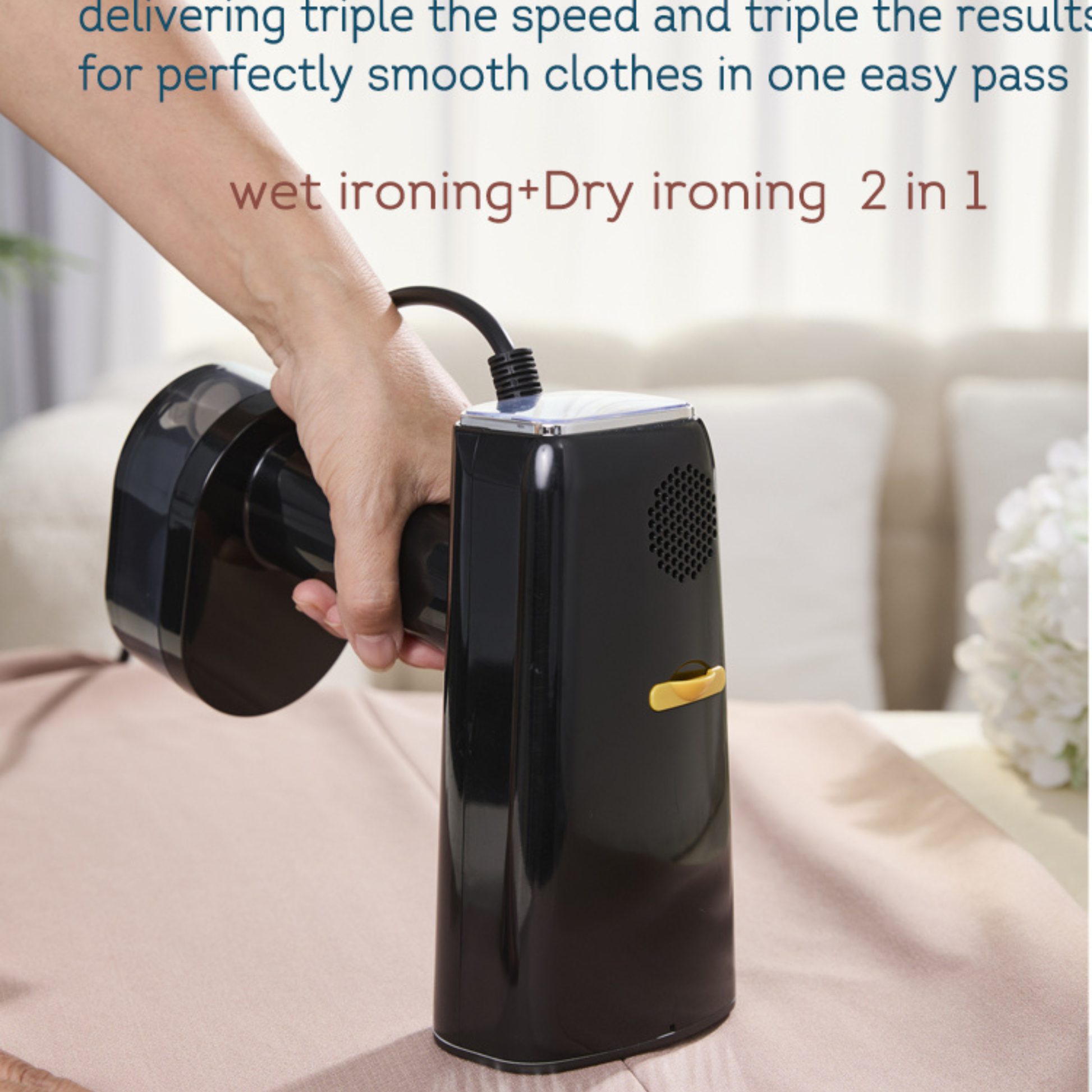 Premium Handheld Garment Steamer safely steaming a delicate silk dress at home.