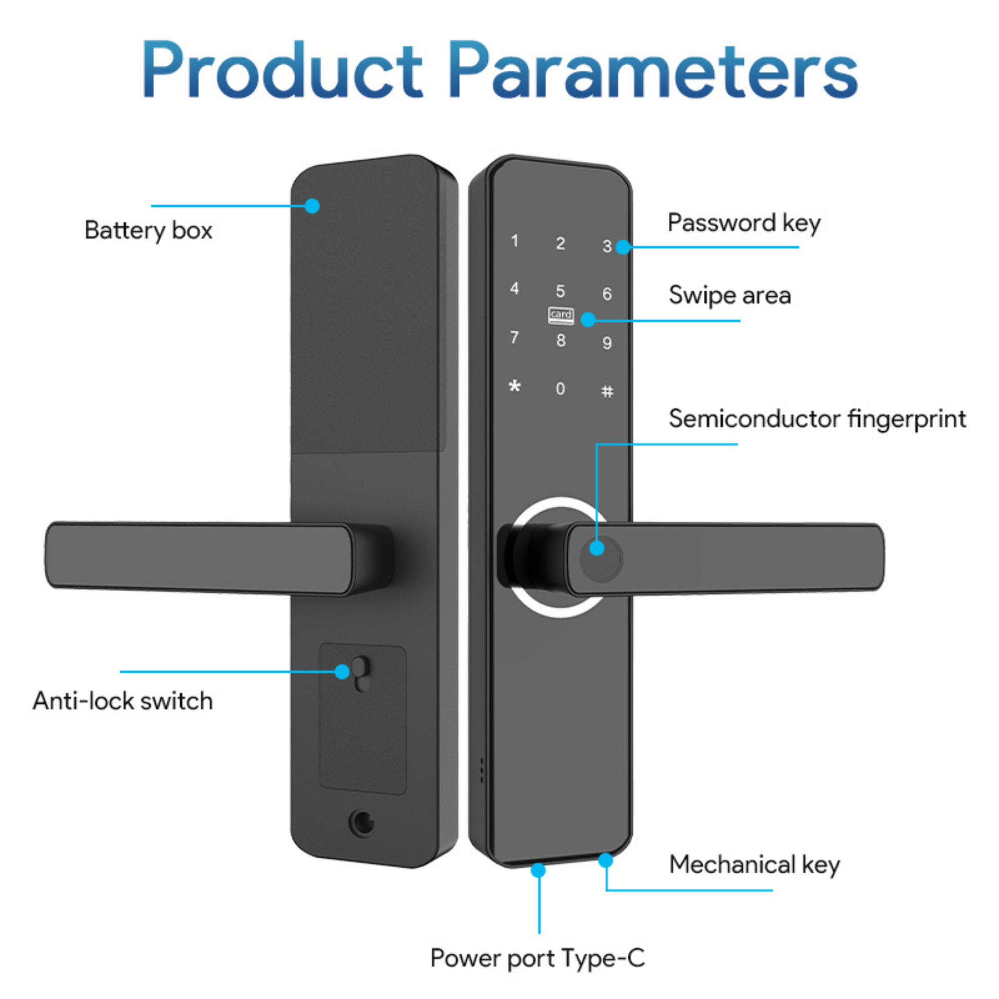 Smart Fingerprint Door Lock for Home featuring Tuya App, TTLock support, password, card, fingerprint, and key unlocking methods.