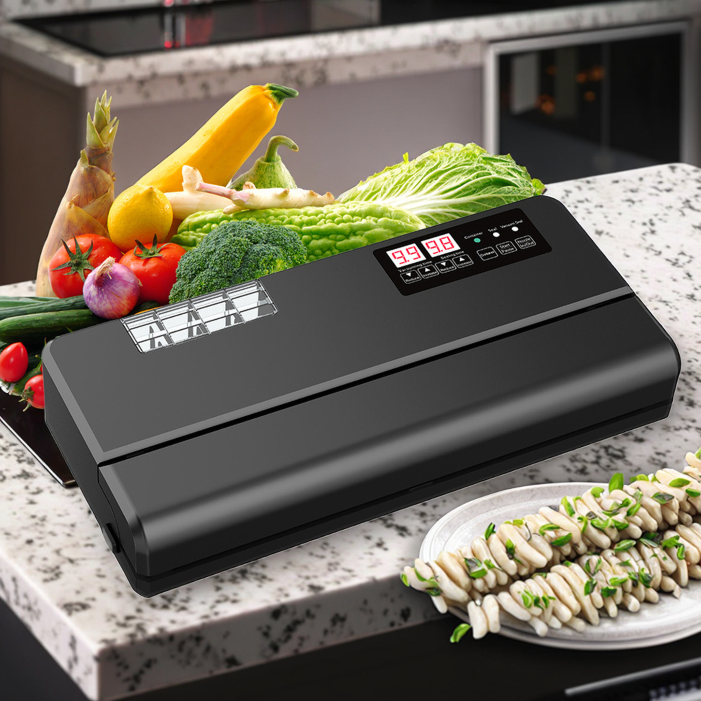 Vacuum Food Sealer for Home Use preserving coffee beans in an airtight vacuum bag to maintain freshness and aroma.