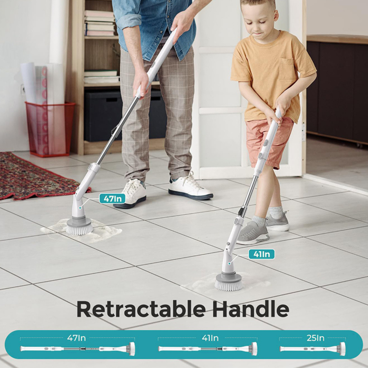 Close-up of the Electric Spin Scrubber with Extension Handle cleaning hard-to-reach bathroom corners with stainless steel pole.