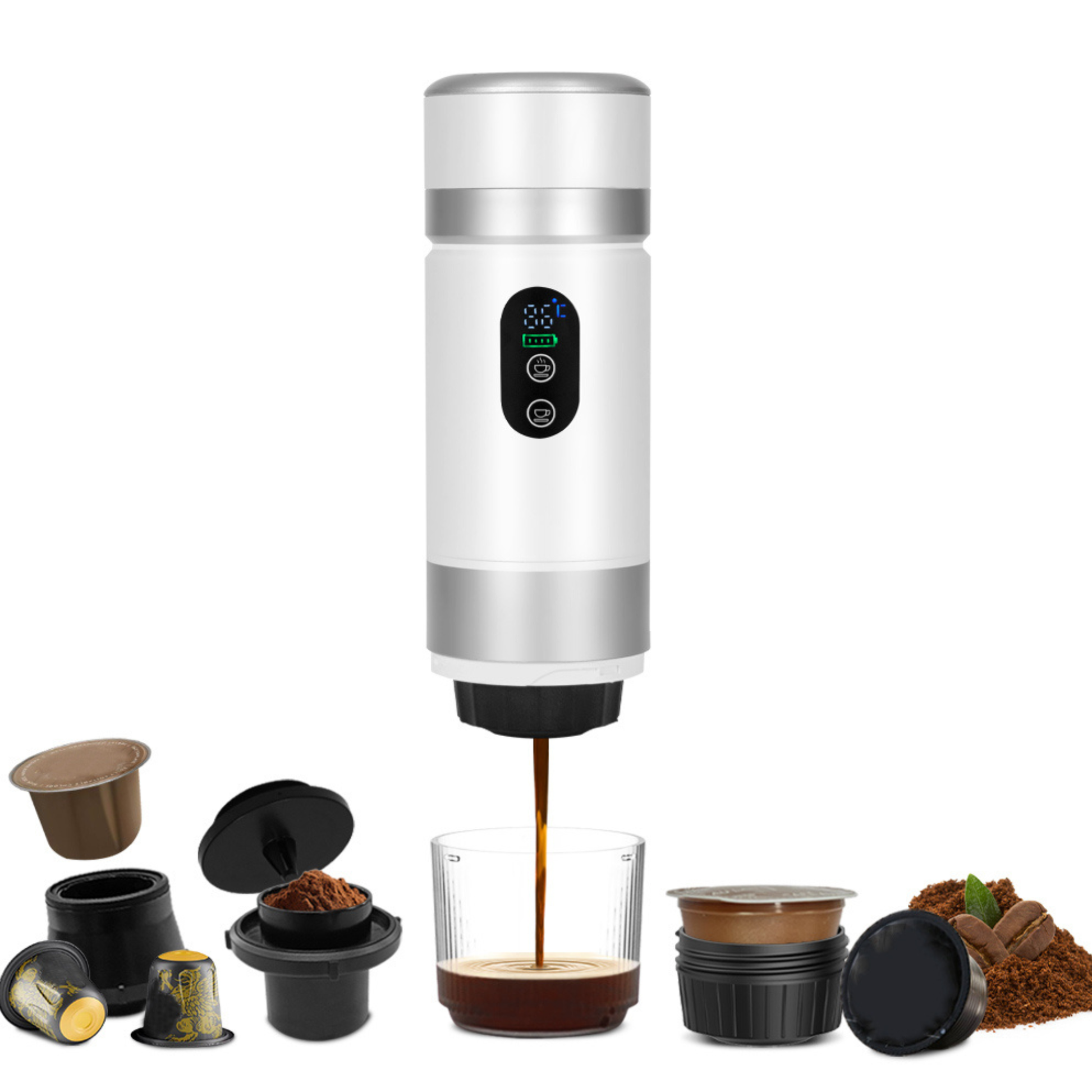 Rechargeable espresso machine with built-in battery system creating fresh espresso during road trips and outdoor adventures.