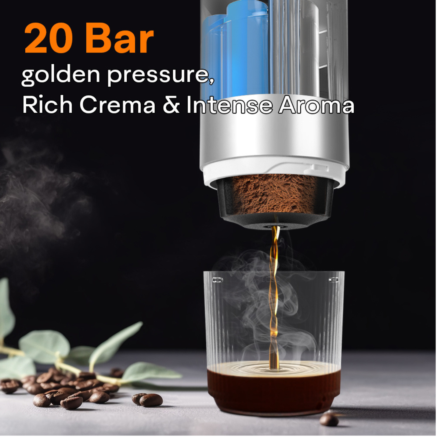 Self heating espresso machine with temperature display that heats water quickly for convenient portable coffee preparation.