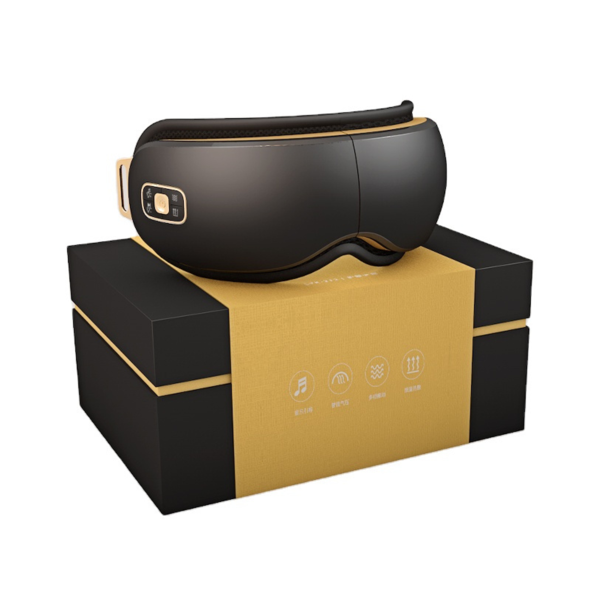 Smart eye massager with heat and air pressure therapy helping users relax tired eyes after long screen time.