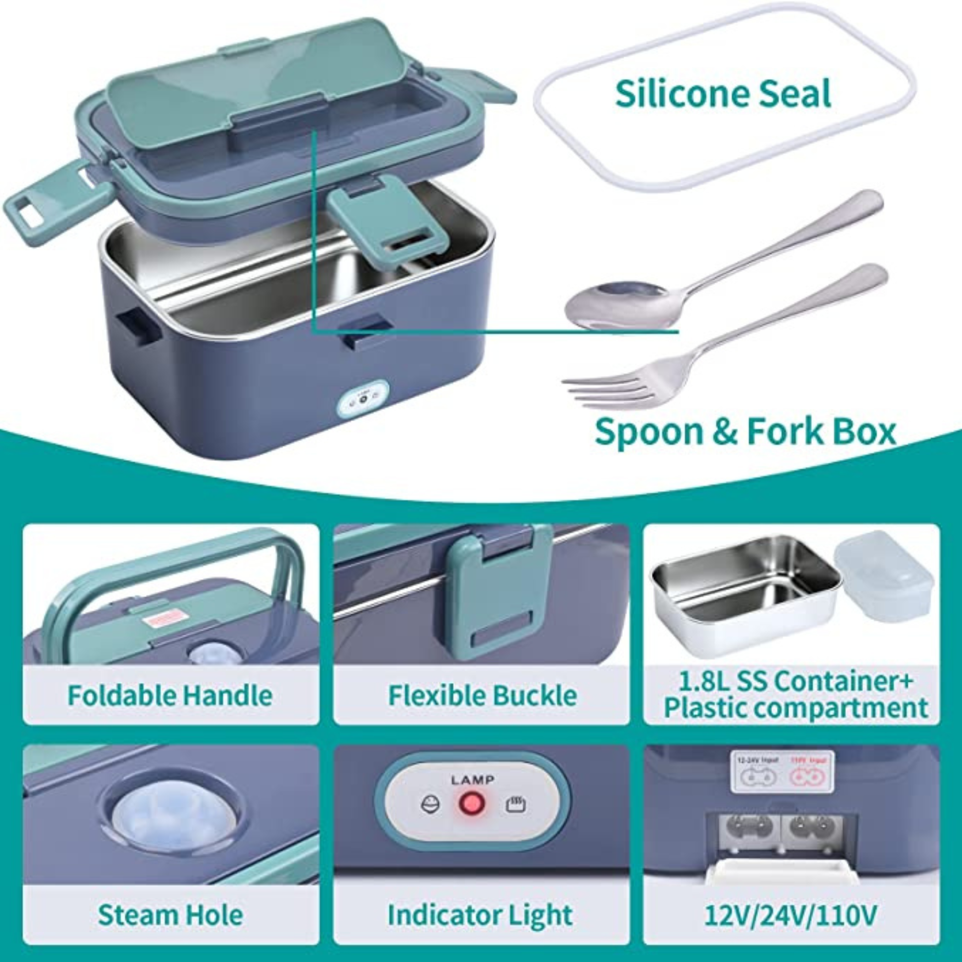 Stainless Steel Electric Lunch Box with portable food heater design for healthy meal preparation.