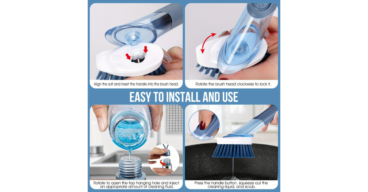 dish brush with soap dispenser cleaning dishes