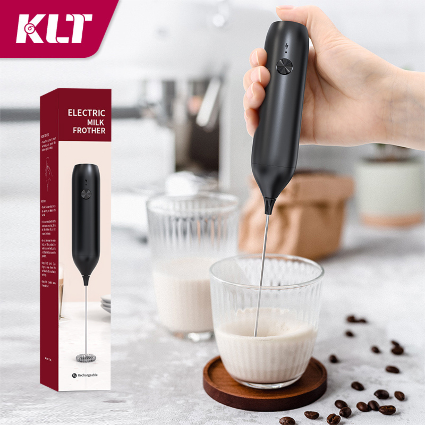 Electric Milk Frother creating creamy milk foam inside a glass for homemade cappuccino.