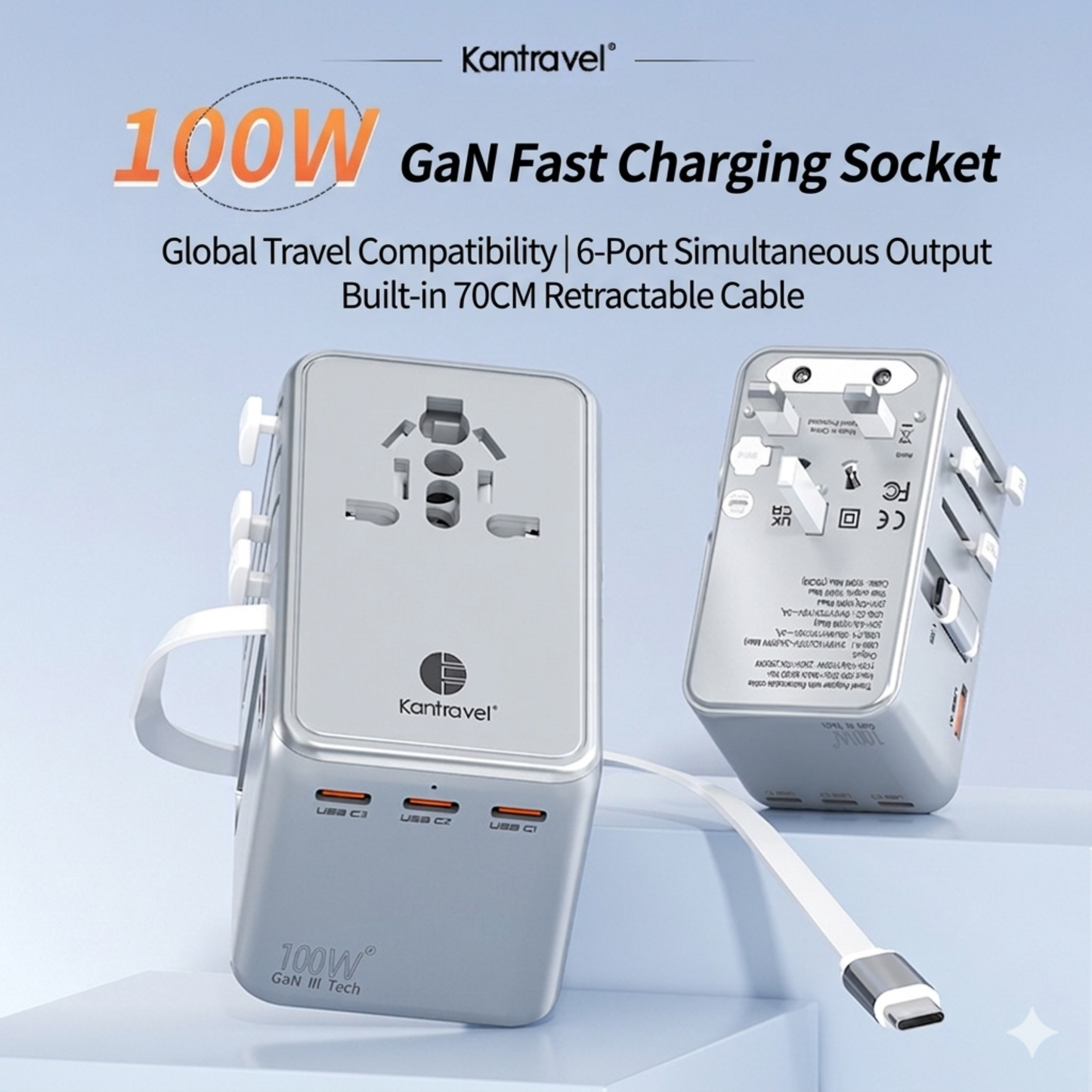 Universal Travel Adapter with USB-C cable and worldwide plug compatibility designed for business trips and global travelers.