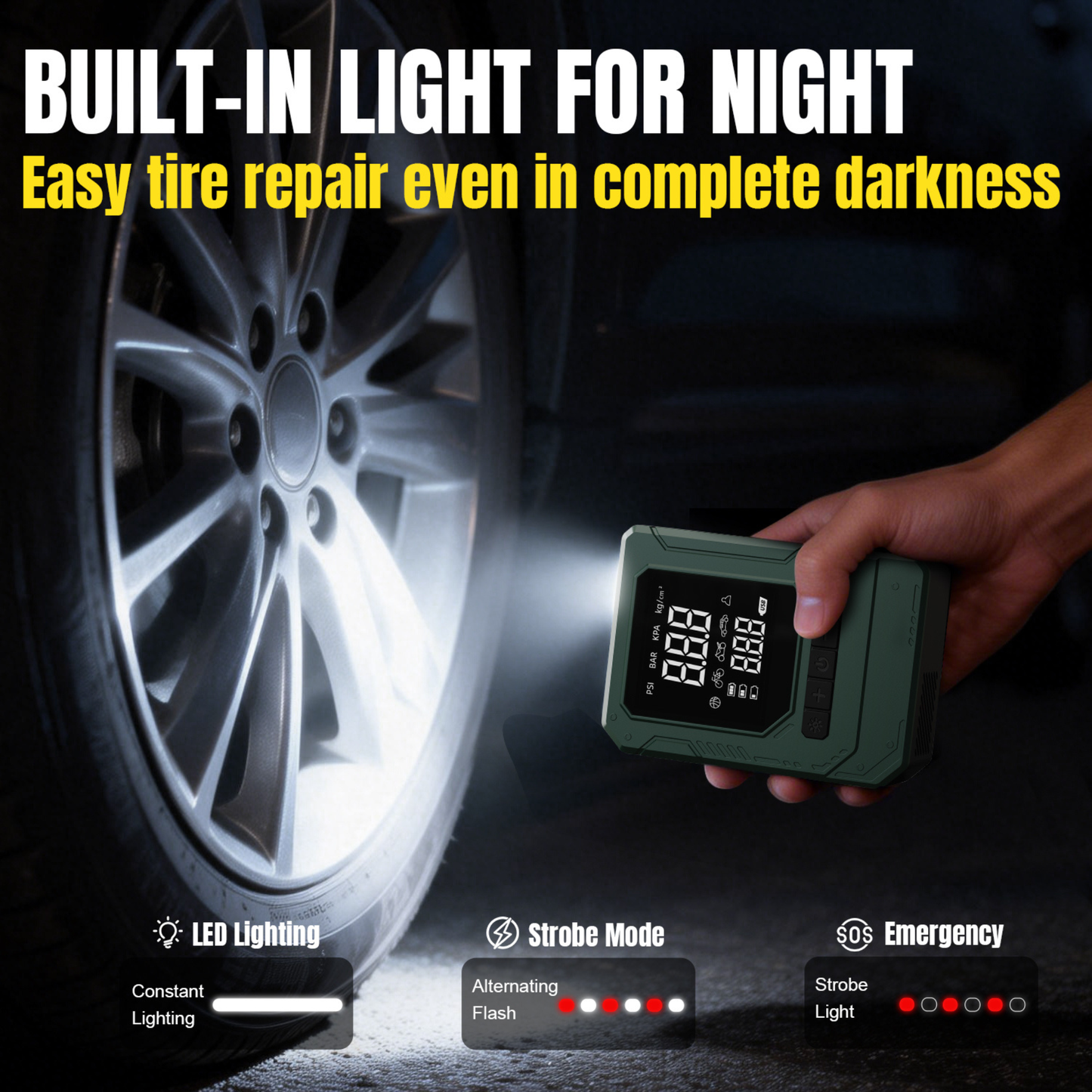 USB rechargeable tire inflator with Type-C charging port and compact portable design for travel.
