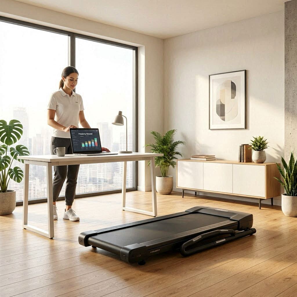 Walking pad for home office positioned under a standing desk during remote work