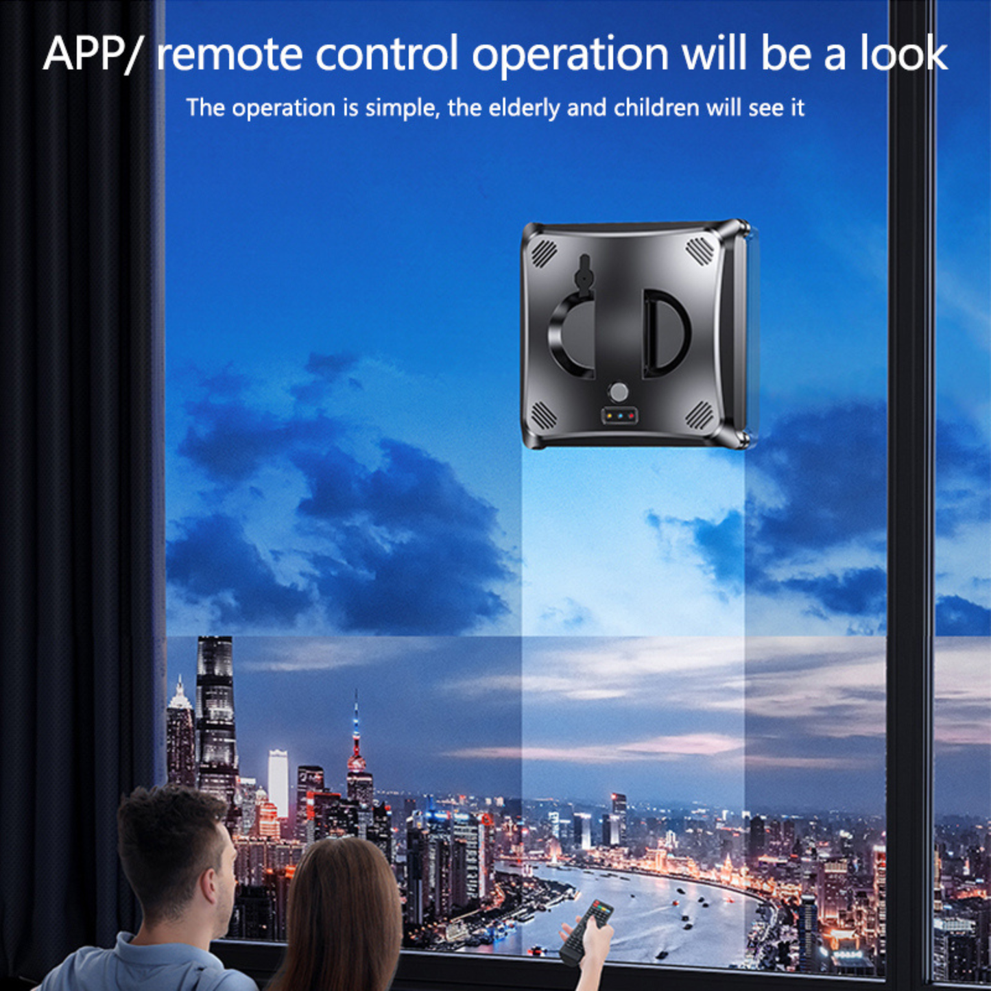 Robot window cleaner navigating across a large modern glass surface