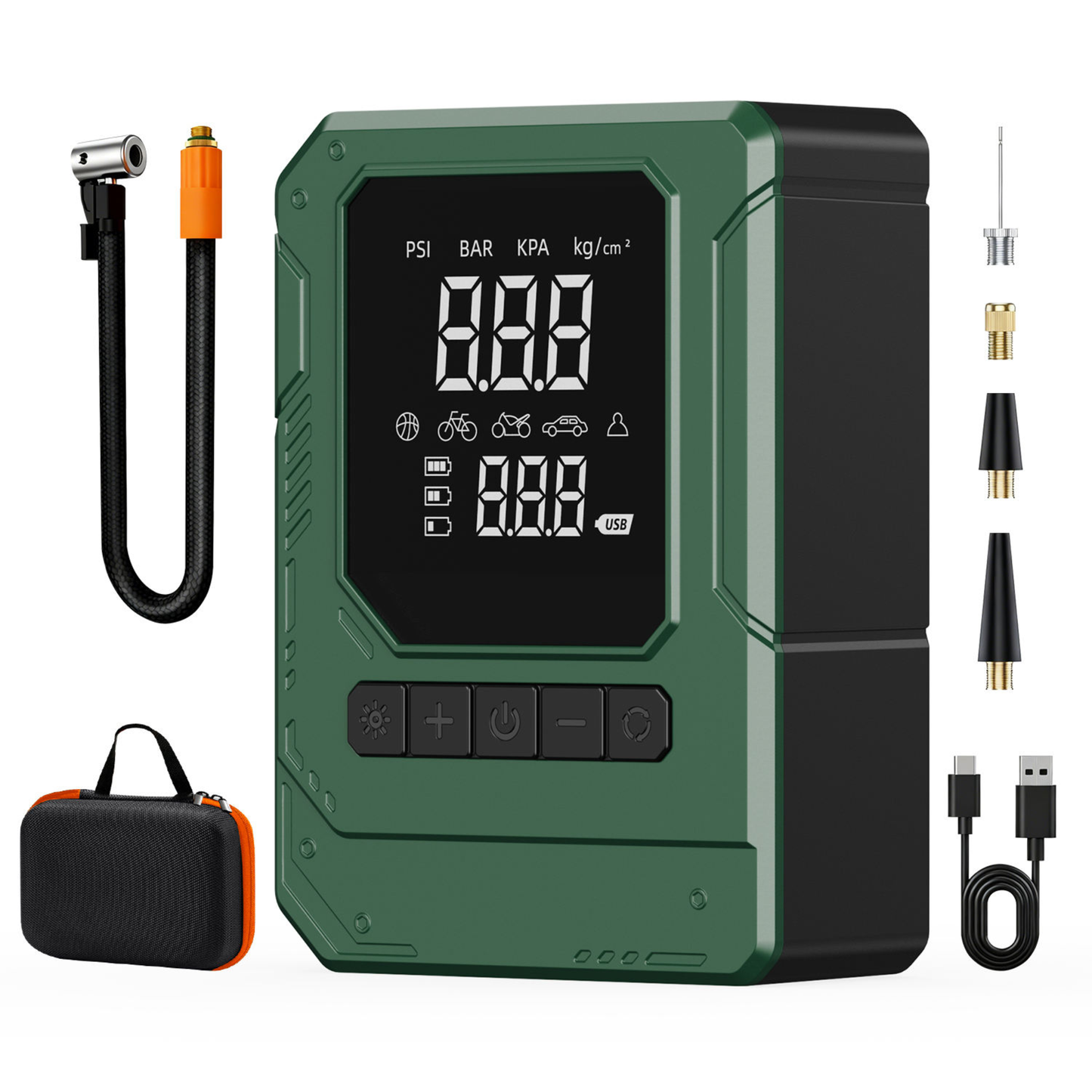 Wireless cordless tire inflator with automatic shut off function and rechargeable battery for convenient vehicle use.