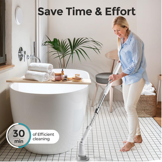 ZDX01-CB02 Electric Spin Scrubber cleaning bathroom wall tiles with powerful 360-degree rotating brush for effortless deep cleaning.